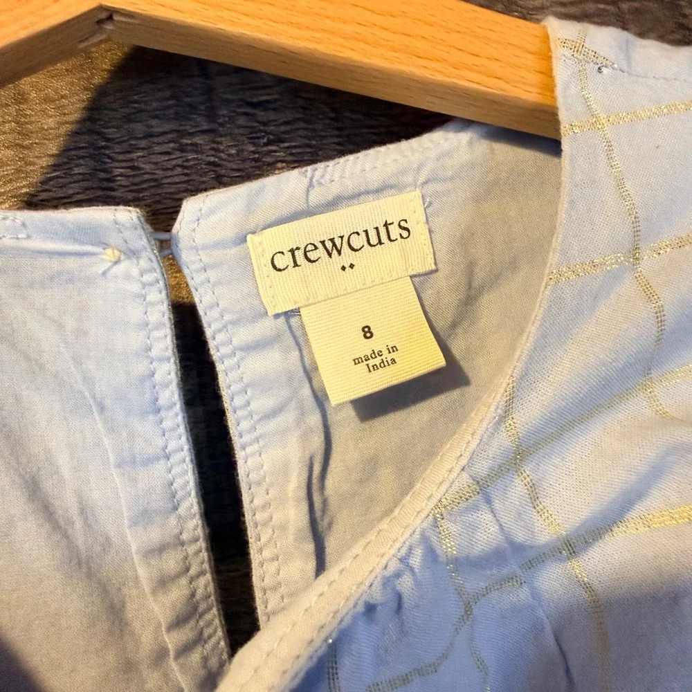 Crewcuts Girls Light Blue Gold Metallic Check Dress‎ 8 Preppy Coastal